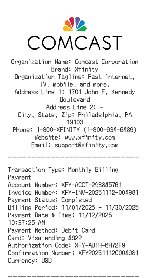 Comcast Receipt Logo