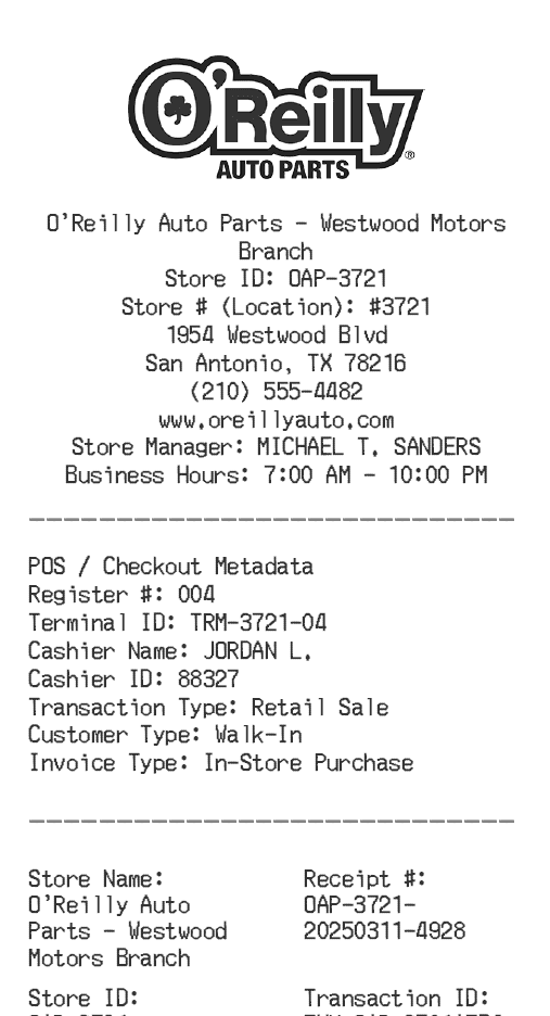 Oreilly's Receipt Logo