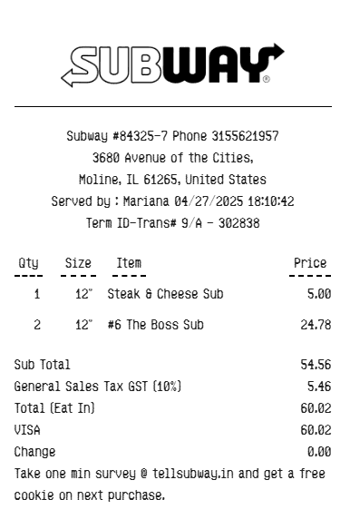 Subway Receipt Logo