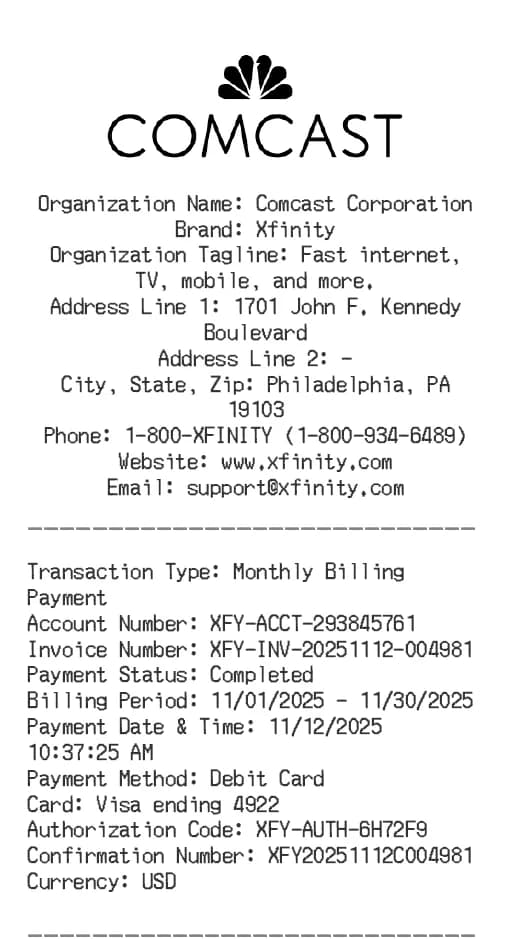Comcast Receipt Logo