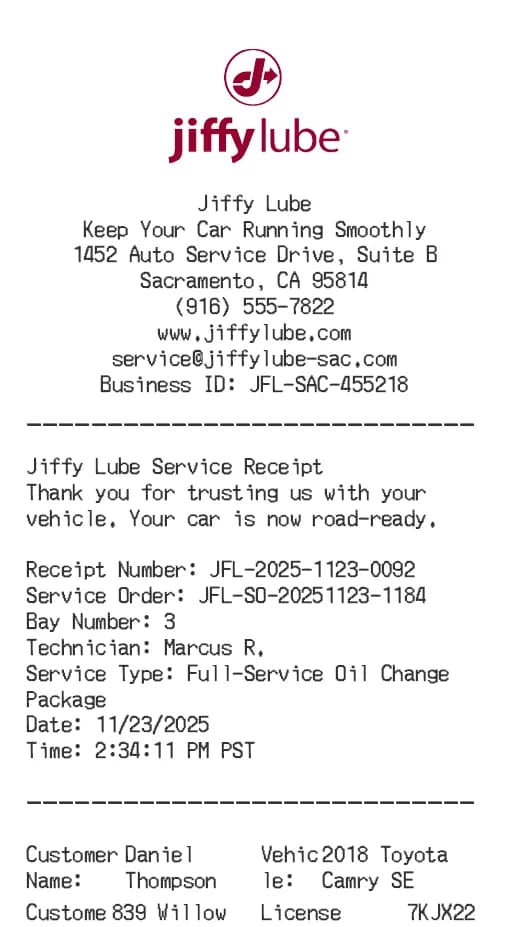 Jiffy Lube Receipt Logo