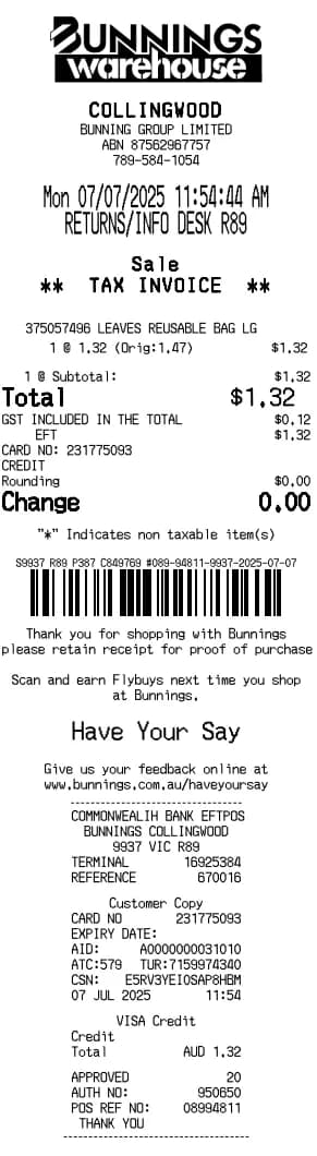Logo di ricevuta Bunnings