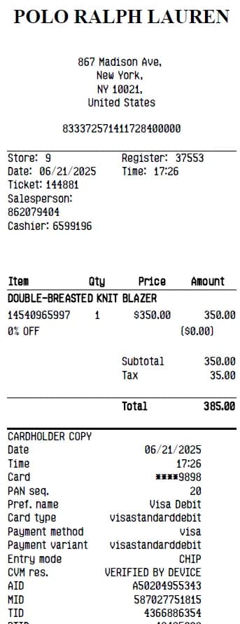 Polo Ralph Lauren Receipt Logo
