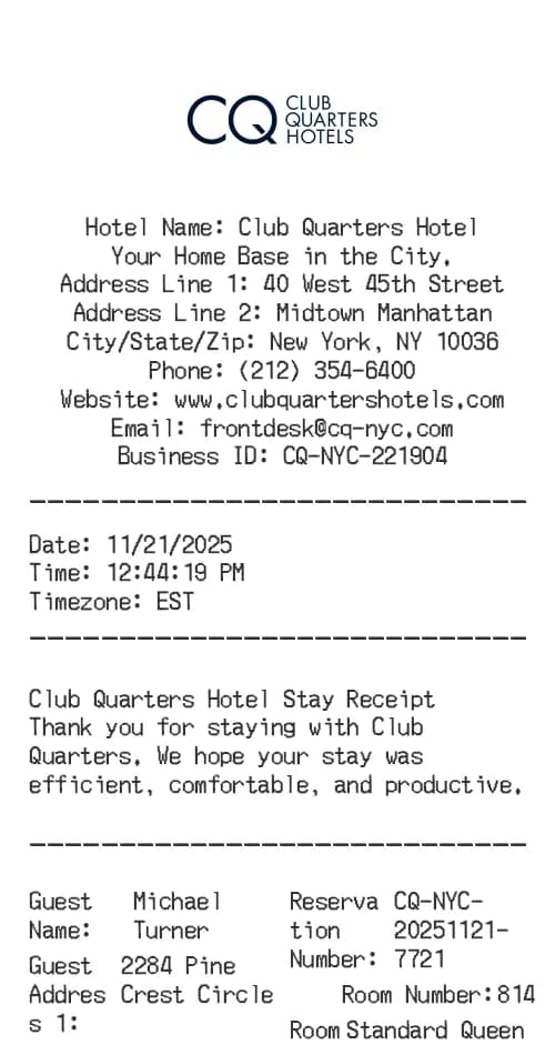 Club Quarters Hotel Receipt Logo