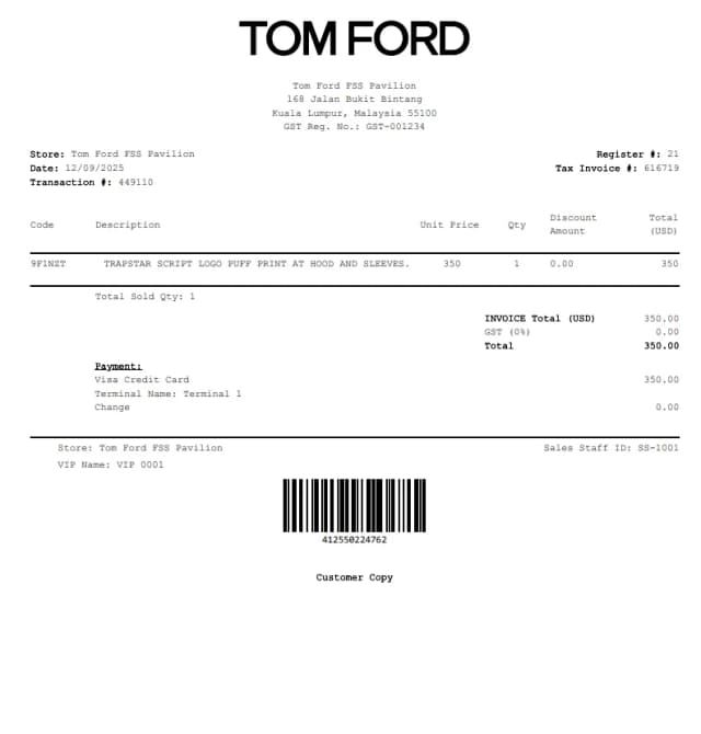 Logo di ricevuta Tom Ford